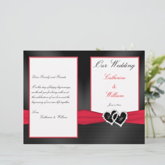 Black Satin Pleasts with Hearts Wedding Program (Staand voorkant)
