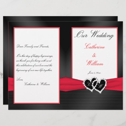 Black Satin Pleasts with Hearts Wedding Program (Voorkant / Achterkant)
