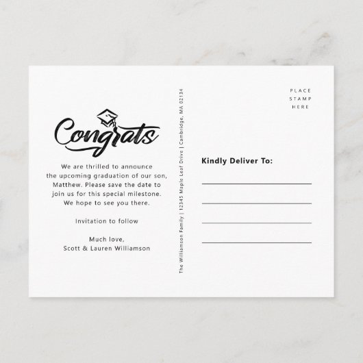 Black Save Date Afstuderen Photo Arch White Script Uitnodiging Briefkaart (Achterkant)