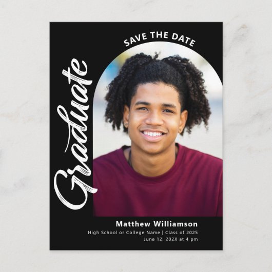Black Save Date Afstuderen Photo Arch White Script Uitnodiging Briefkaart (Voorkant)