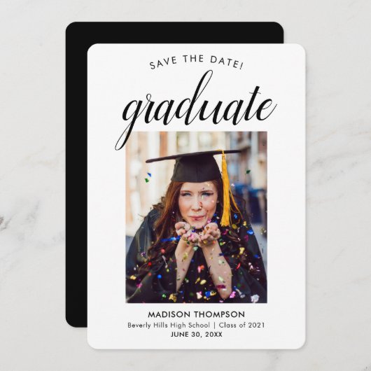 Black Save the Date Calligraphy Afstuderen Photo Aankondiging (Voorkant / Achterkant)