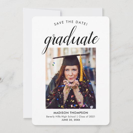 Black Save the Date Calligraphy Afstuderen Photo Aankondiging (Voorkant)