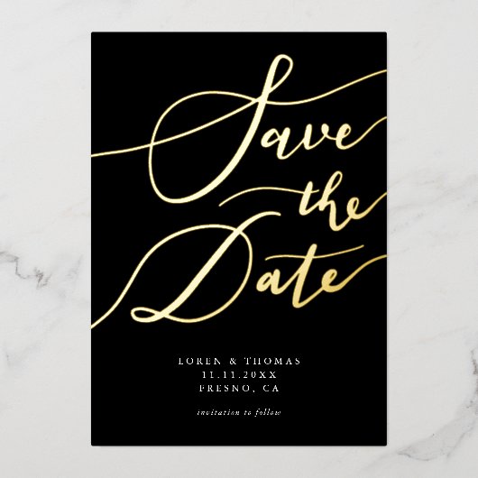 Black Save the Date Calligraphy Folie Uitnodiging (Voorkant)