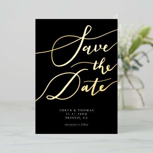 Black Save the Date Calligraphy Folie Uitnodiging (Staand Voorkant)