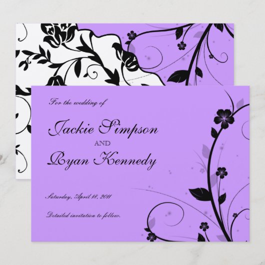 Black Save the Date Invite Floral Paars Silver (Voorkant / Achterkant)