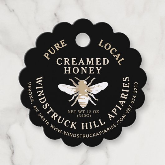 Black Scallop Creamed Honey Label met Honeybee (Voorkant)