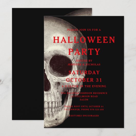 Black Scary Skull Uitnodiging voor volwassen Hallo (Voorkant / Achterkant)
