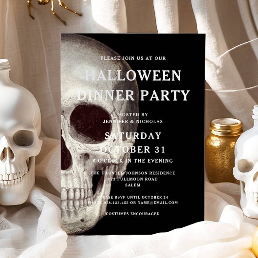 Black Scary Skull Volwassen Halloween Dinner Party Kaart