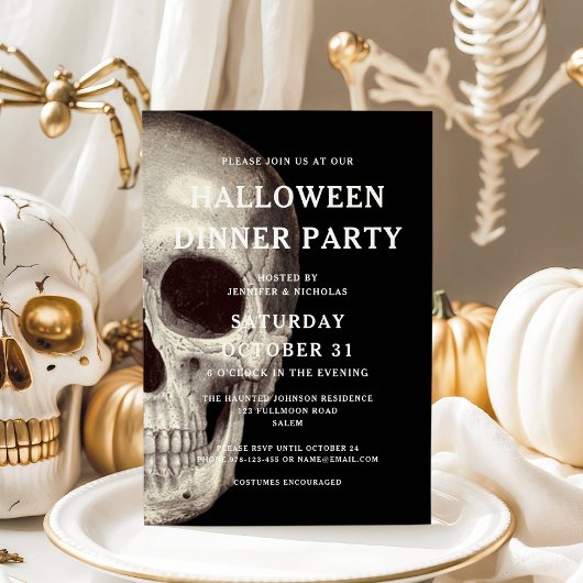 Black Scary Skull Volwassen Halloween Dinner Party Kaart