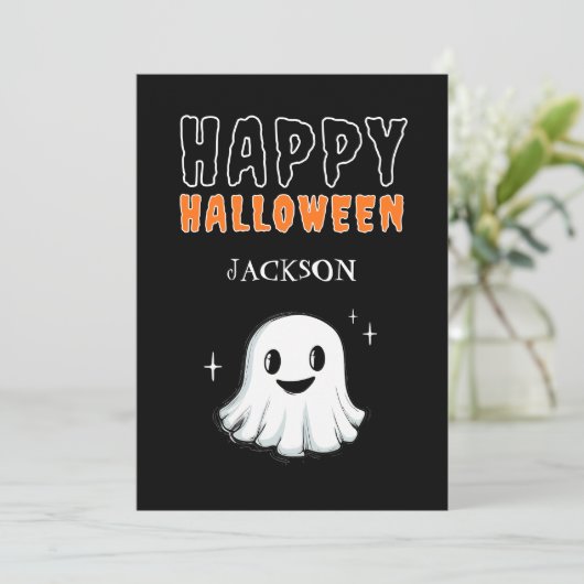 Black Schattige Ghost Spooky Custom Happy Hallowee Feestdagenkaart (Staand voorkant)