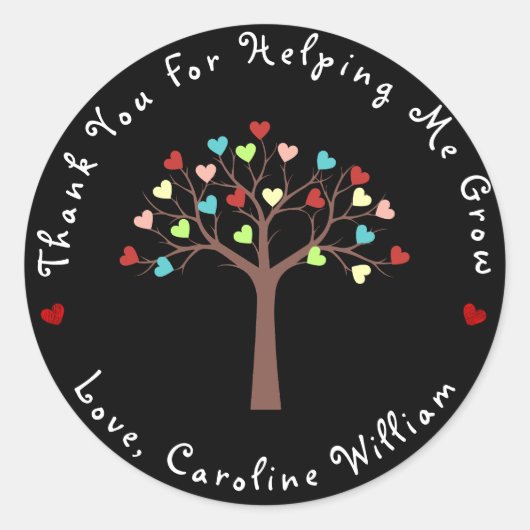 Black | Schattigee kleurrijke harten boom dank u Ronde Sticker (Voorkant)