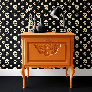 Black Schedel en Bloemen Halloween  Behang