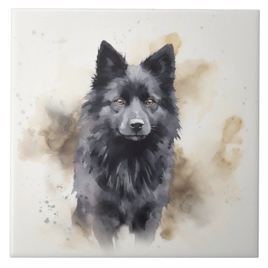 Black Schipperke Dog, Waterverf Pet art Tegeltje (Voorkant)