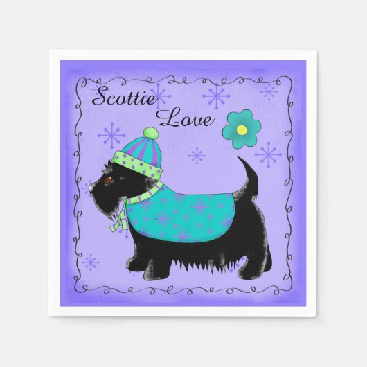 Black Scottie Dog Clothed Love Paarse Servetten (Voorkant)