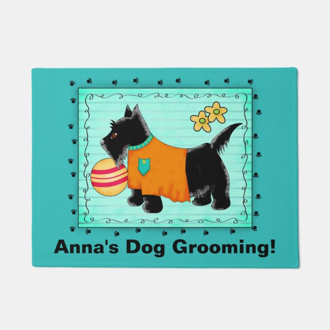 Black Scottie Dog Grooming Business Welkom Deurmat (Voorkant)