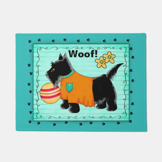 Black Scottie Dog Welkom Wof Turquoise Blauwgroen Deurmat (Voorkant)