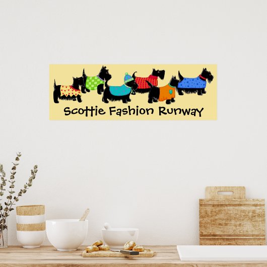 Black Scottie Dogs Mode Runway Art Yellow Poster (Keuken)