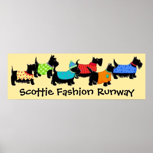 Black Scottie Dogs Mode Runway Art Yellow Poster (Voorkant)