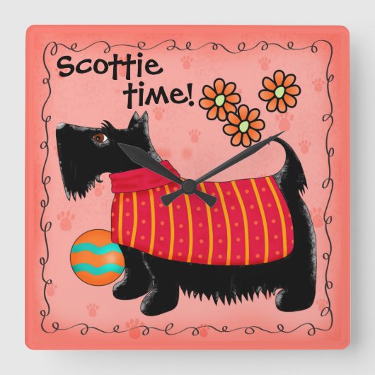Black Scottie Time Dog Personalized Red Sinaasappe Vierkante Klok (Voorkant)