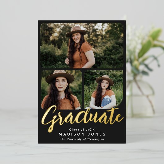 Black Script 4 foto's Uitnodiging voor afstudeerfe (Staand Voorkant)