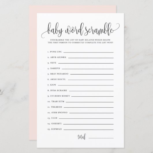 Black Script Baby Word Scramble Baby shower Game (Voorkant / Achterkant)