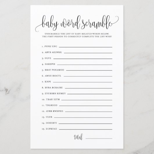 Black Script Baby Word Scramble Baby shower Game (Voorkant)