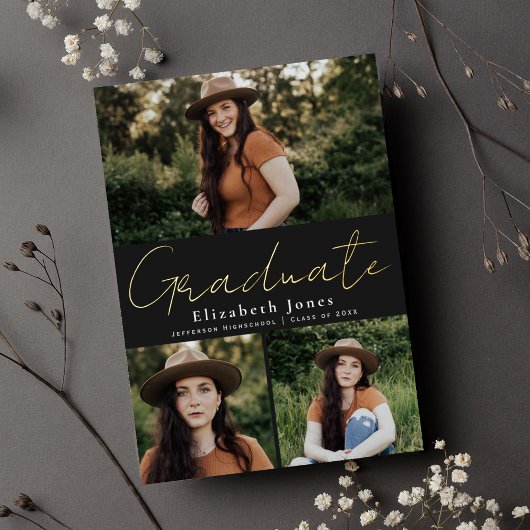 Black Script Folie Afstuderen Fotoaankondiging Uitnodiging