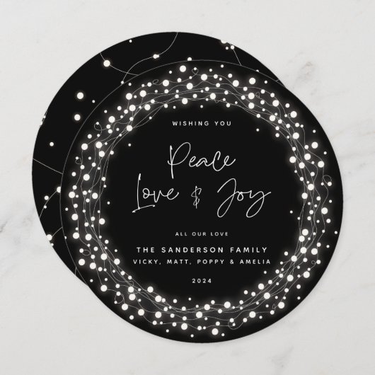 Black Script Font Peace Love+Joy Sparing Lights Feestdagenkaart (Voorkant / Achterkant)