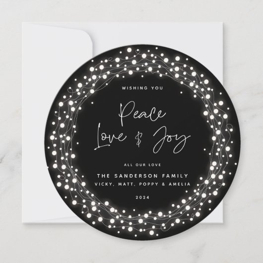 Black Script Font Peace Love+Joy Sparing Lights Feestdagenkaart (Voorkant)
