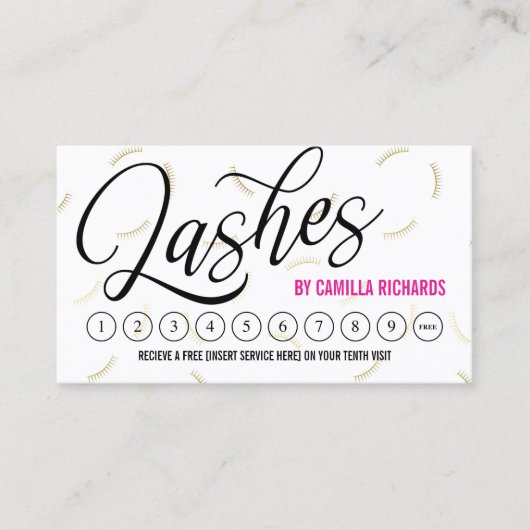Black Script & Gold Lashes Loyalty Punch Kaart (Voorkant)