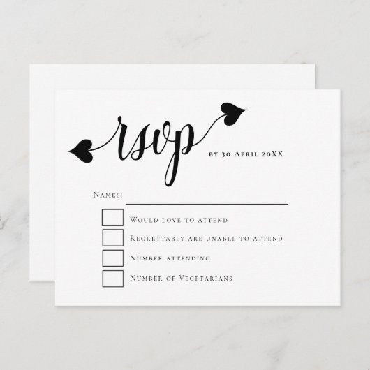 Black Script Heart Swash Wedding RSVP Briefkaart (Voorkant / Achterkant)