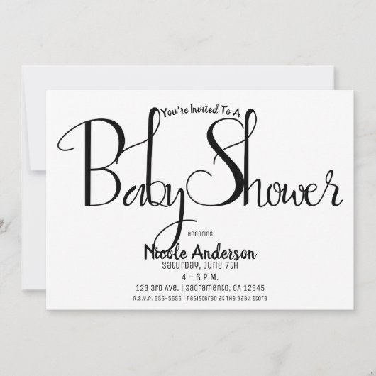 Black Script Modern Minimal Baby shower Party Kaart (Voorkant)