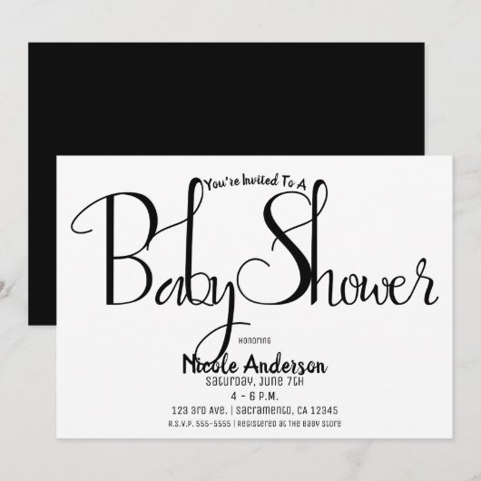 Black Script Modern Minimal Baby shower Party Kaart (Voorkant / Achterkant)