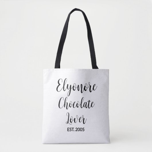 Black Script Name Established Chocolate Lover Tote Bag (Voorkant)