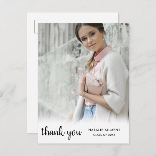 Black Script Photo Afstuderen Hartelijk dank Brief Aankondigingskaart (Voorkant / Achterkant)