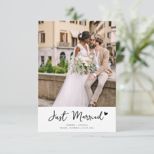 Black Script Photo Wedding Announcement Bedankkaart (Staand voorkant)