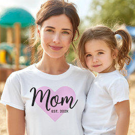 Black Script Pink Heart Established Date Mom Bold T-shirt