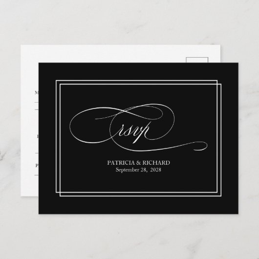 Black Script Simple Elegant Wedding RSVP Briefkaar Briefkaart (Voorkant / Achterkant)