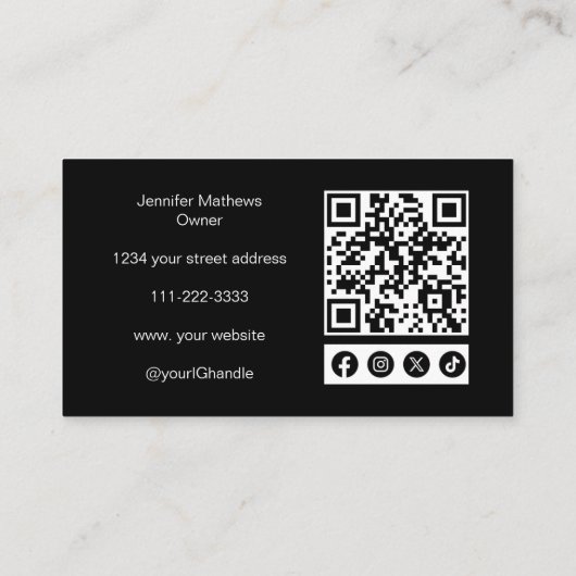 Black Script Sociale Pictogrammen QR Code Foto Mak Visitekaartje (Achterkant)