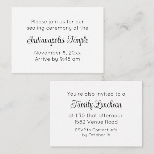 Black Script Temple Sealing & Meal Invitation Informatiekaartje (Voorkant / Achterkant)