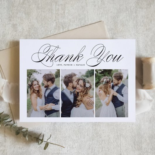 Black Script Three Photo Collage Wedding Bedankkaart