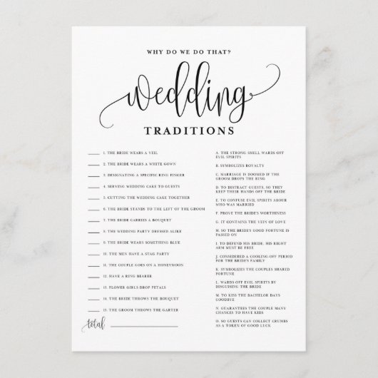 Black Script Wedding Traditions Vrijgezellenfeest Informatiekaartje (Voorkant)