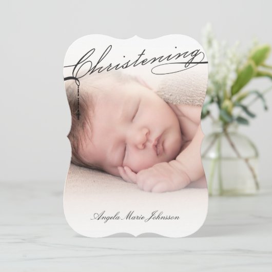 Black Scripting Christening Cross Foto Religieuze Kaart (Staand voorkant)