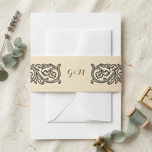 Black Scroll Monogrammed Elegant Invitation Uitnodigingen Wikkel