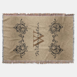 Black Scrolled Leaves Faux Burlap - Familienaam Deken