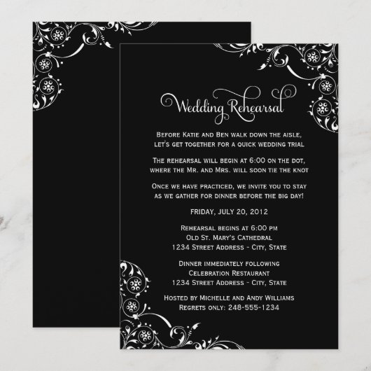  Black Scrolls Wedding Rehearsal and Dinner Kaart (Voorkant / Achterkant)
