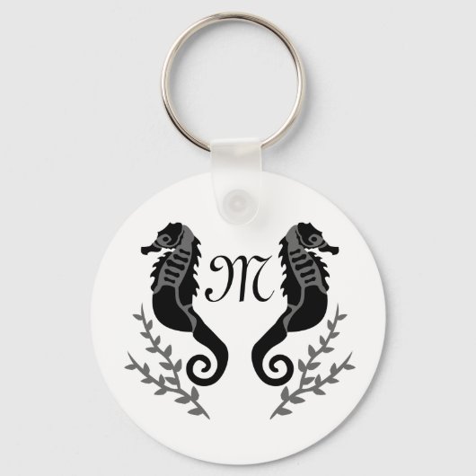 Black Seahorse Silhouette Monogram Sleutelhanger (Voorkant)