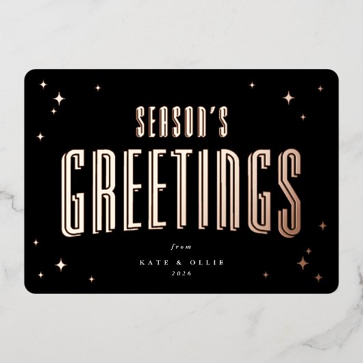 Black Season's Greetings Retro Stars Flat Folie Feestdagenkaart (Voorkant)