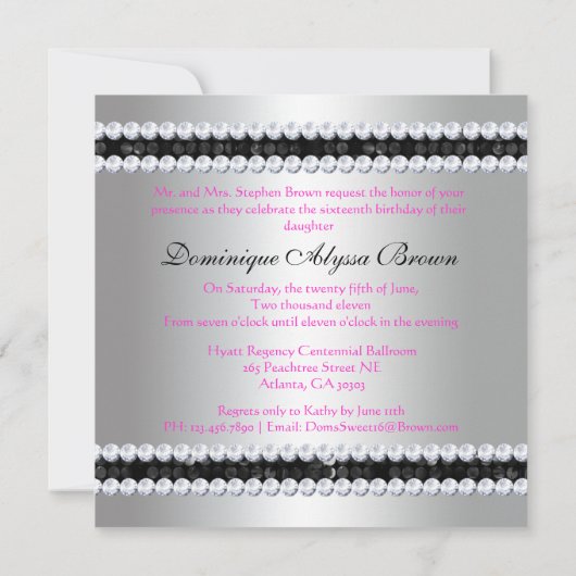 Black Sequin Invite met Diamonds - Zilver Kaart (Achterkant)