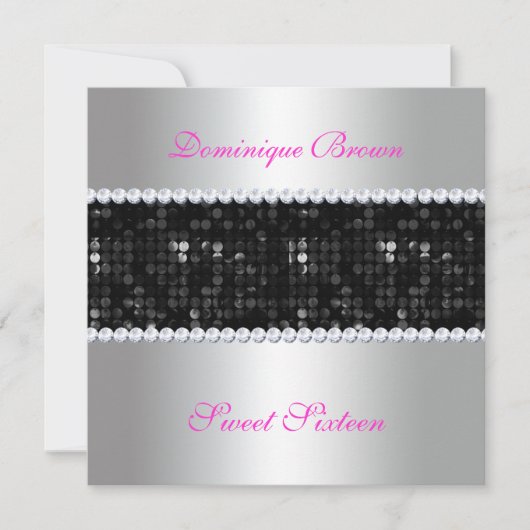 Black Sequin Invite met Diamonds - Zilver Kaart (Voorkant)